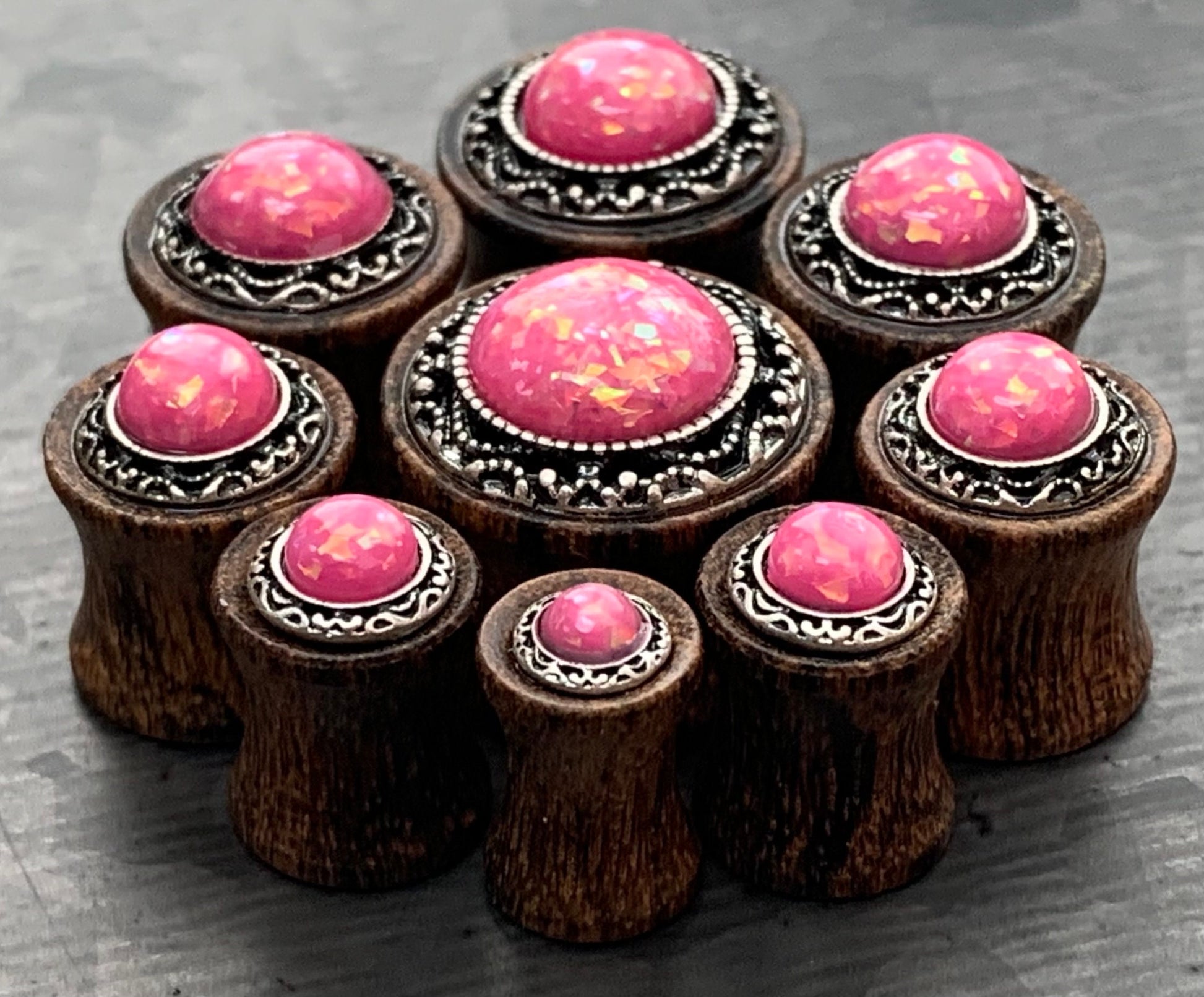 PAIR of Beautiful Synthetic Opal with Tribal Pattern Sono Wood Saddle Plugs - Gauges 2g (6mm) thru 5/8" (16mm) Available!