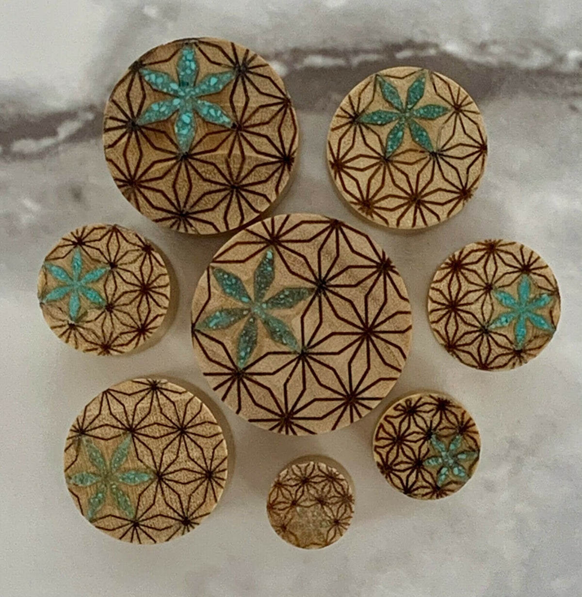 PAIR of Unique Crushed Turquoise Flower of Life Blonde Crocodile Wood Saddle Plugs - Gauges 0g (8mm) up to 7/8" (22mm) available!