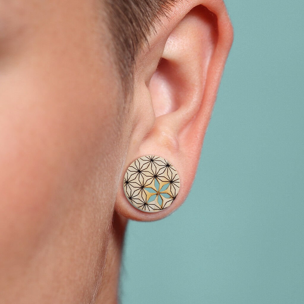 PAIR of Unique Crushed Turquoise Flower of Life Blonde Crocodile Wood Saddle Plugs - Gauges 0g (8mm) up to 7/8" (22mm) available!