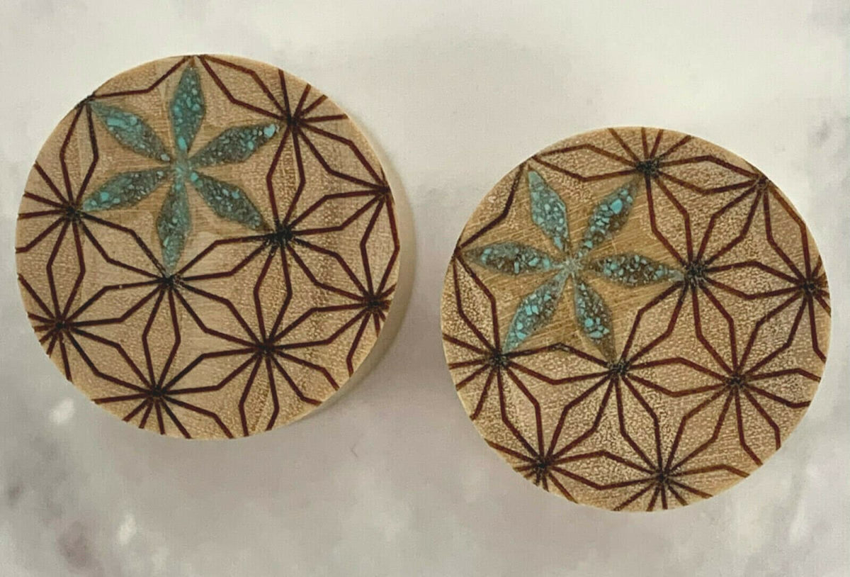 PAIR of Unique Crushed Turquoise Flower of Life Blonde Crocodile Wood Saddle Plugs - Gauges 0g (8mm) up to 7/8" (22mm) available!