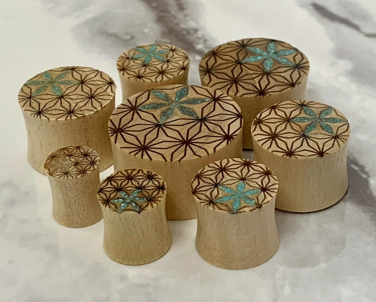 PAIR of Unique Crushed Turquoise Flower of Life Blonde Crocodile Wood Saddle Plugs - Gauges 0g (8mm) up to 7/8" (22mm) available!