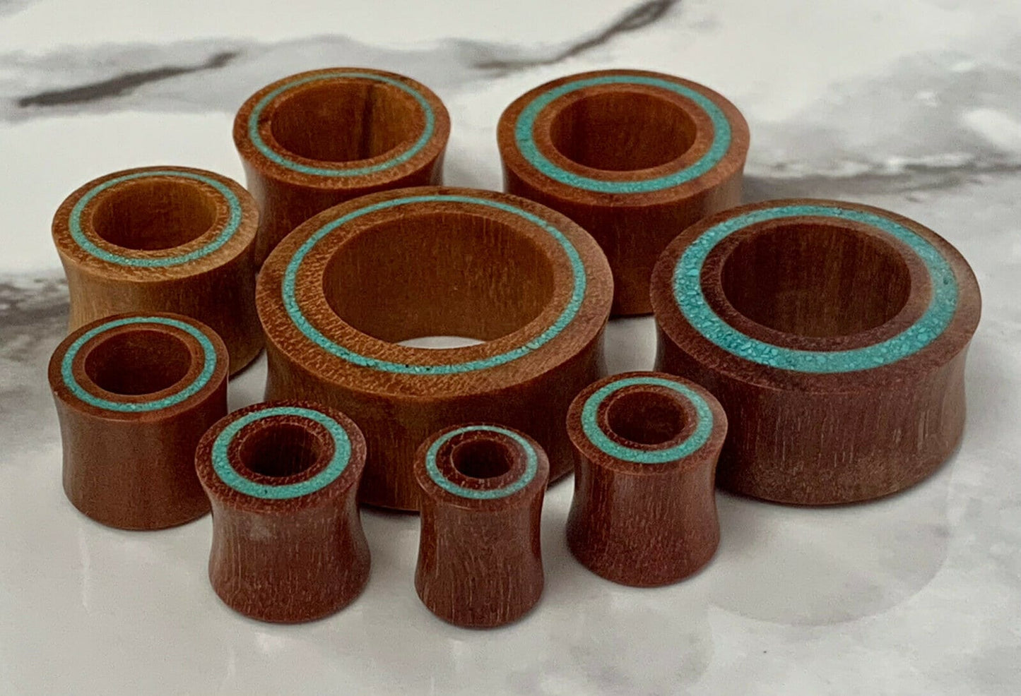 PAIR of Unique Crushed Turquoise Rim Inlay Sawo Wood Tunnels/Plugs - Gauges 0g (8mm) thru 1" (25mm) available!