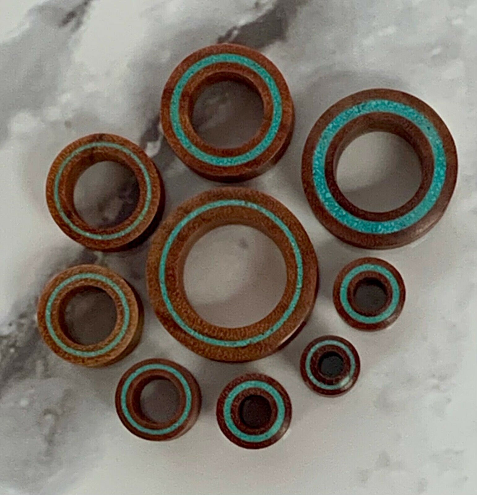 PAIR of Unique Crushed Turquoise Rim Inlay Sawo Wood Tunnels/Plugs - Gauges 0g (8mm) thru 1" (25mm) available!