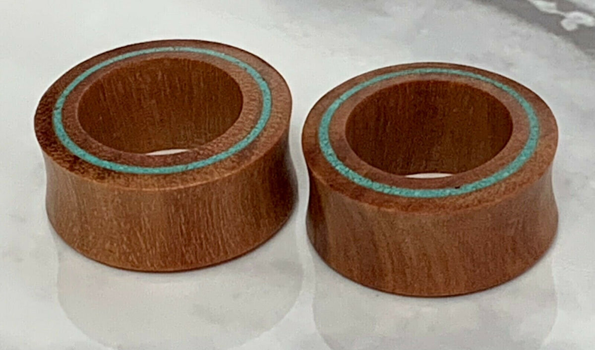 PAIR of Unique Crushed Turquoise Rim Inlay Sawo Wood Tunnels/Plugs - Gauges 0g (8mm) thru 1" (25mm) available!