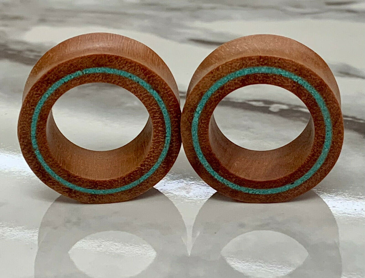 PAIR of Unique Crushed Turquoise Rim Inlay Sawo Wood Tunnels/Plugs - Gauges 0g (8mm) thru 1" (25mm) available!