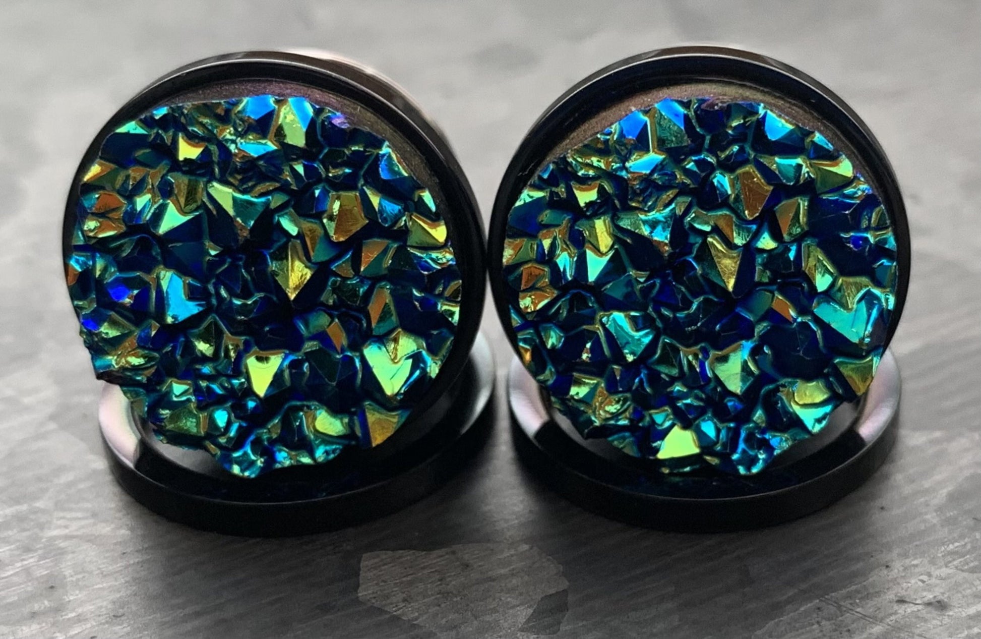 PAIR of Unique Synthetic Druzy Stone Steel Screw Fit Tunnels/Plugs - White or Blue - Gauges 2g (6mm) thru 5/8" (16mm) available!