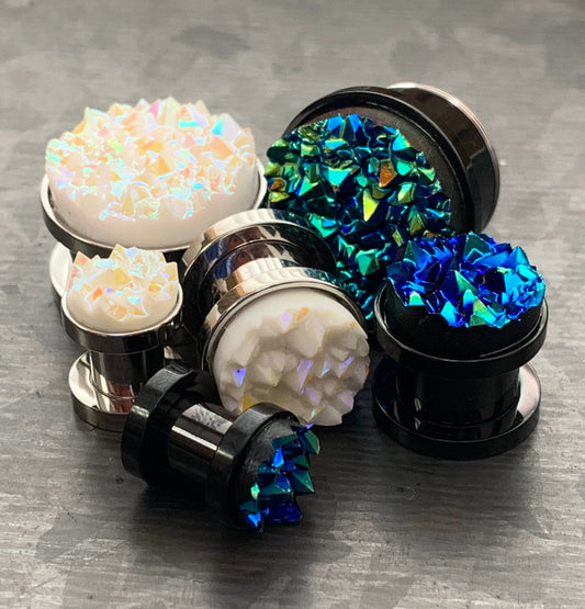PAIR of Unique Synthetic Druzy Stone Steel Screw Fit Tunnels/Plugs - White or Blue - Gauges 2g (6mm) thru 5/8" (16mm) available!