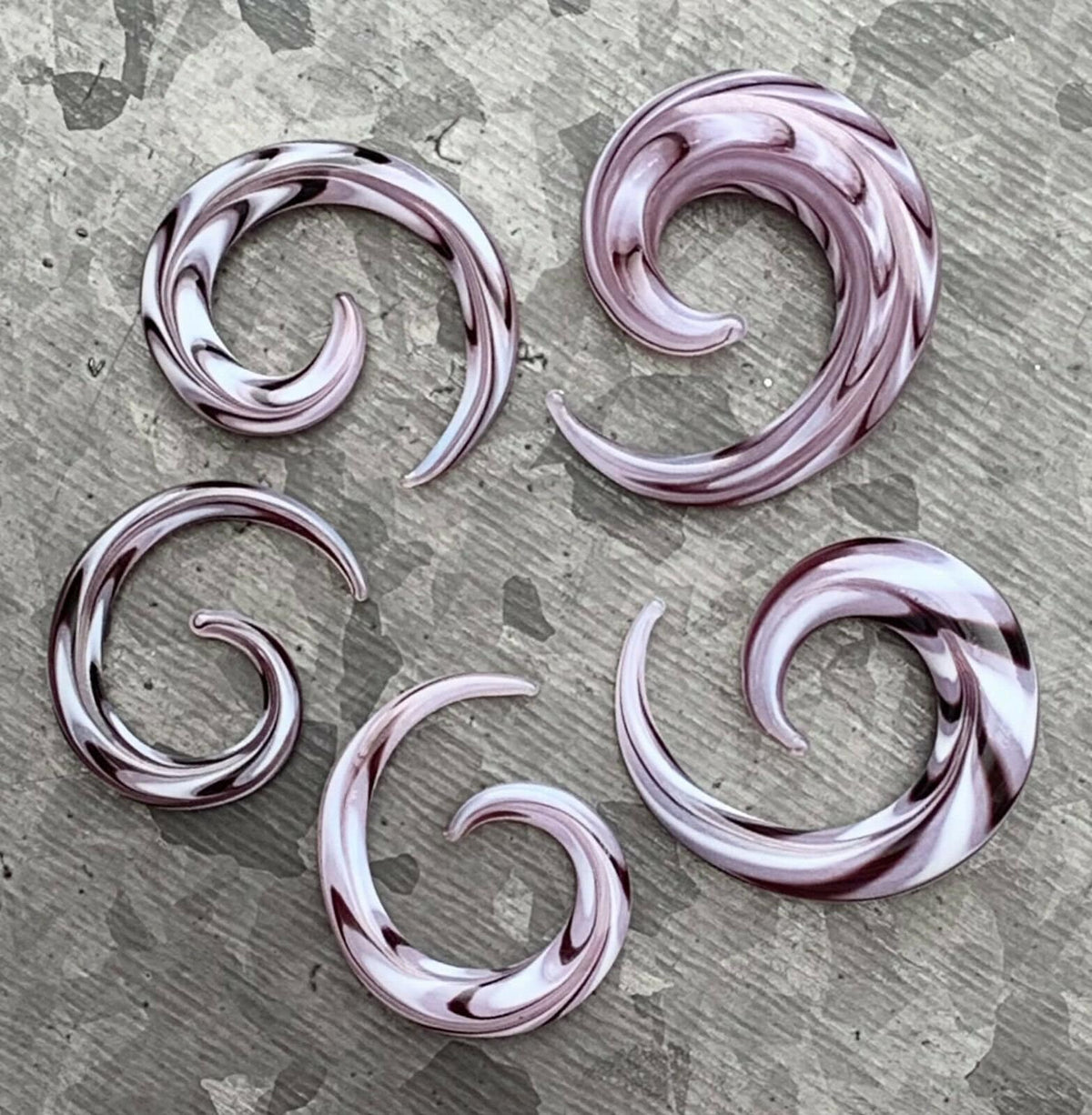 PAIR of Stunning Purple & White Swirl Glass Spiral Tapers - Gauges 6g (4mm) thru 00" (10mm) available!