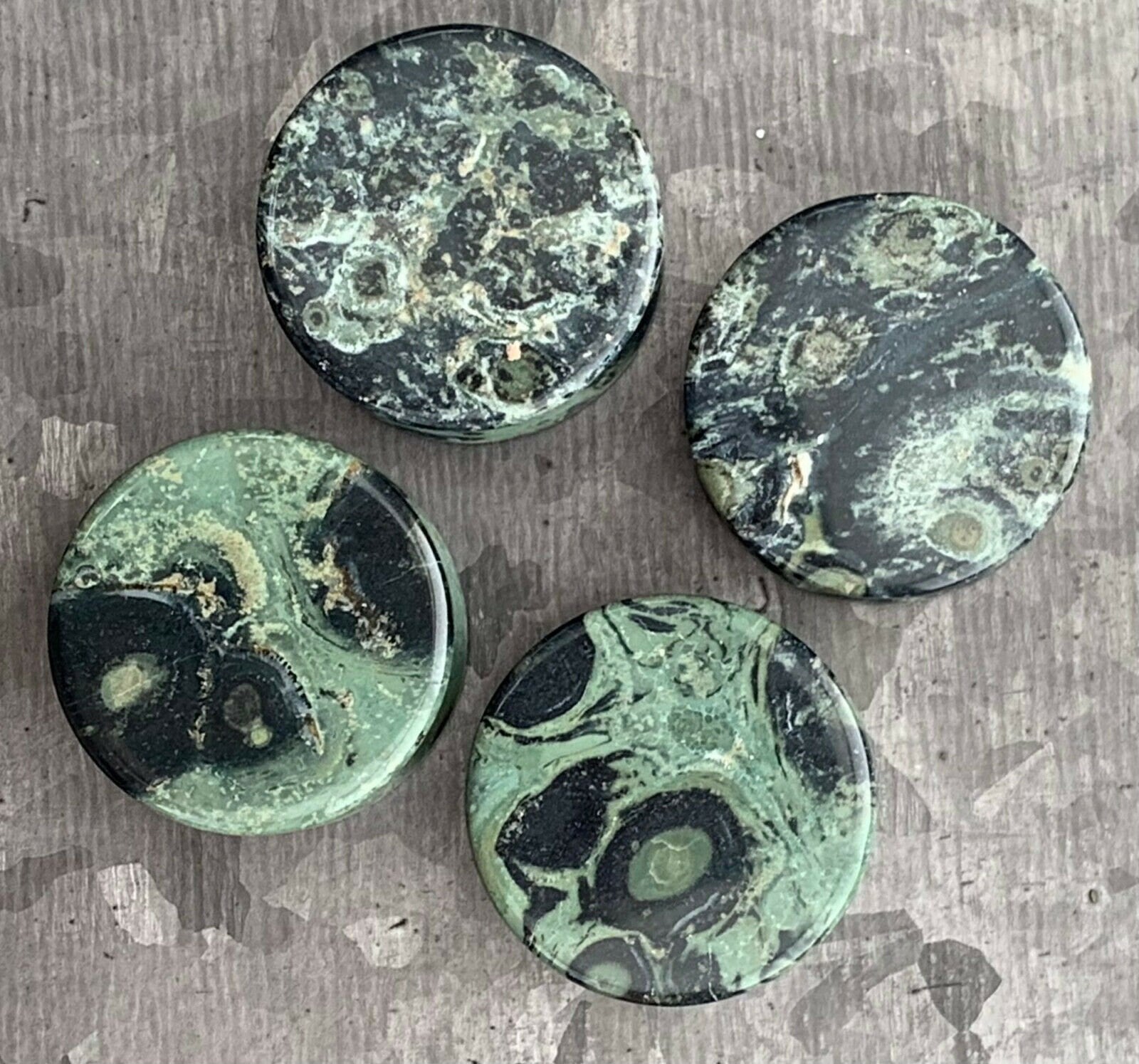 PAIR of Unique Natural Green Eye Jasper Double Flare Stone Plugs - Gauges 8g (3mm) thru 1" (25mm) available!