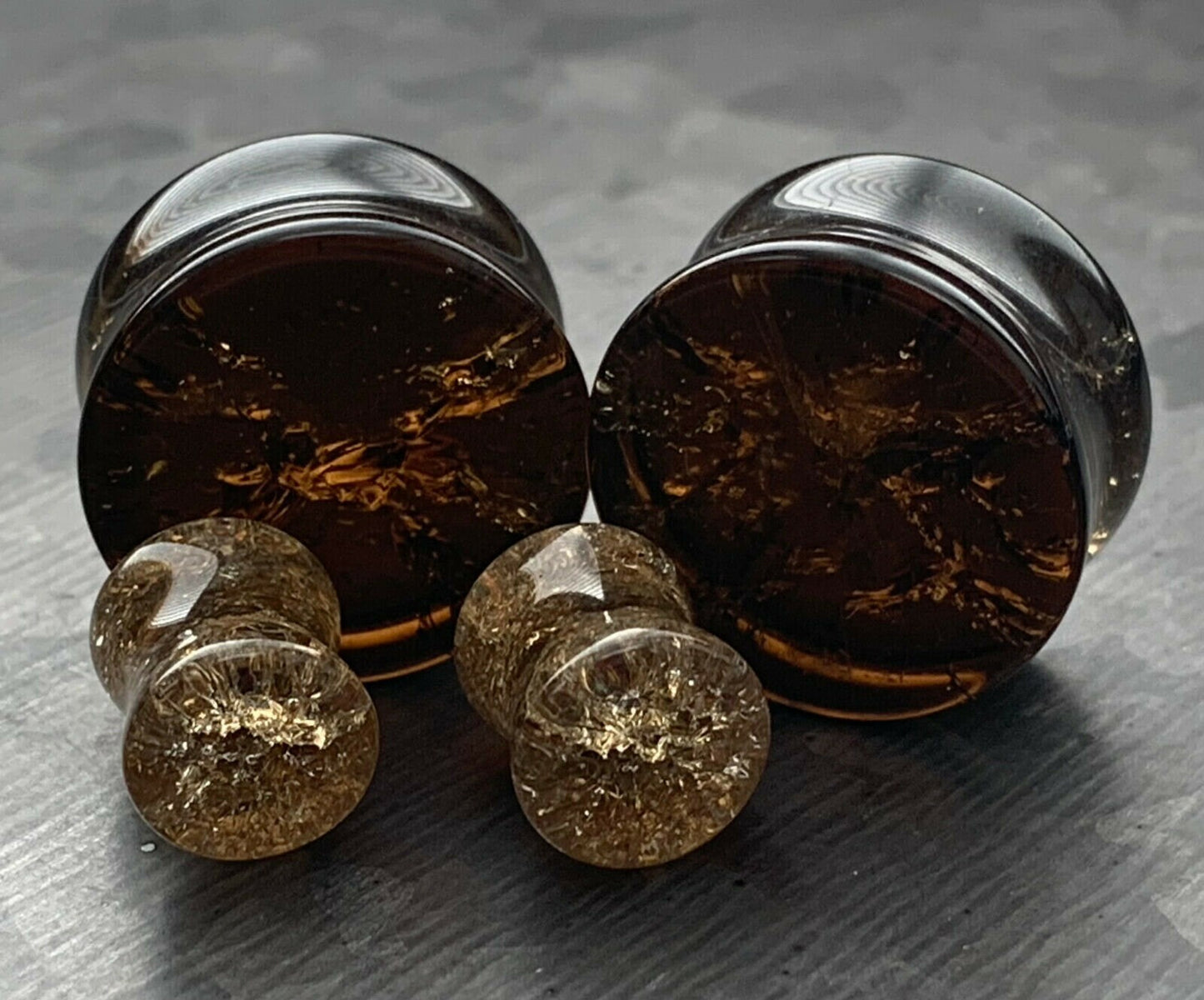 PAIR of Stunning Cracked Golden Black Glass Double Flare Plugs - Gauges 0g (8mm) through 7/8" (22mm) available!