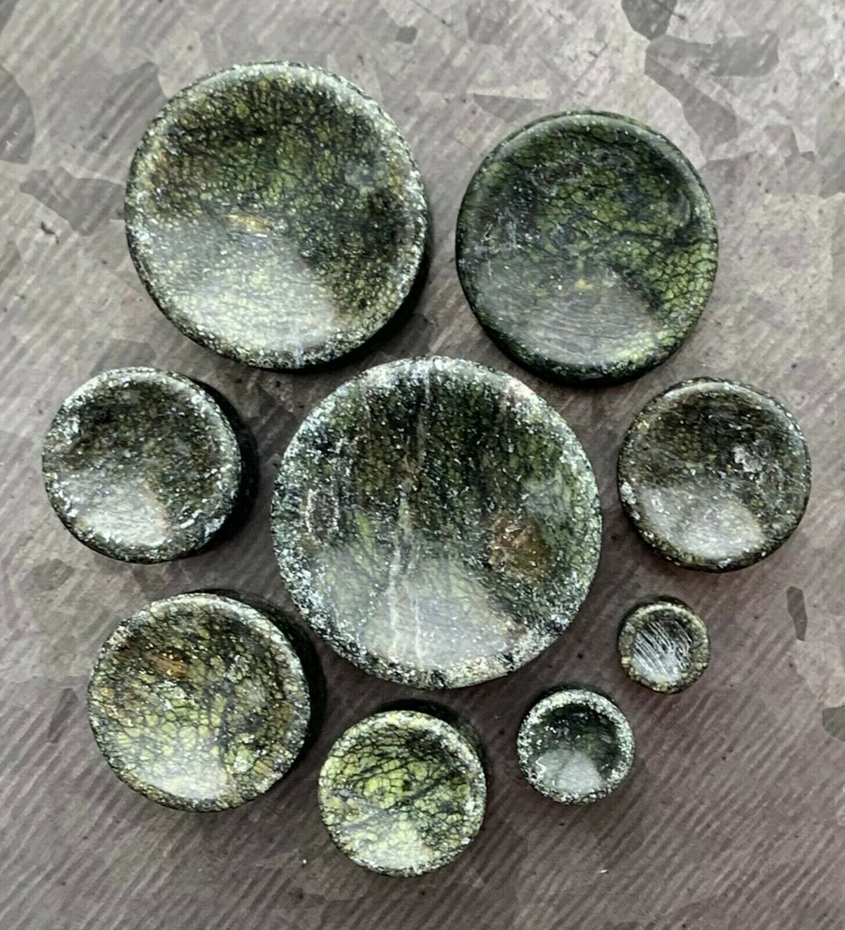 PAIR of Stunning Organic Concave Green Serpentine Double Flare Stone Plugs - Gauges 2g (6mm) up to 1" (25mm) available!