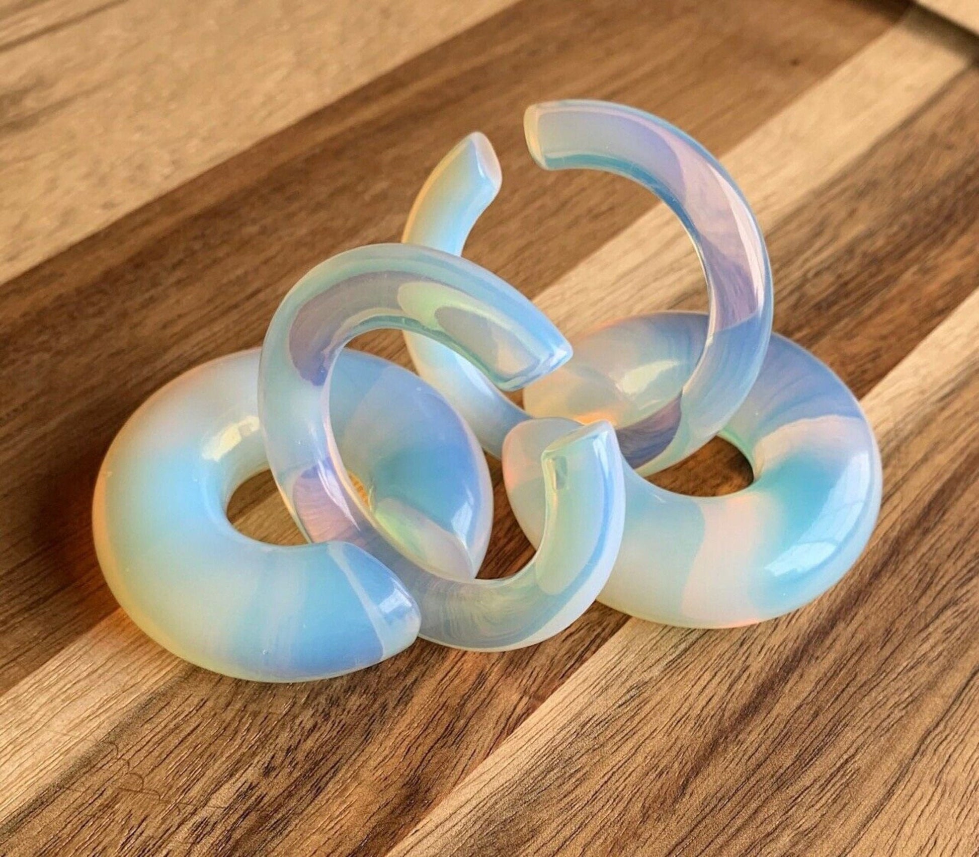 PAIR of Unique Opalite Stone Hoops Ear Weight Hanging Glass Plugs - Gauges 4g (5mm) up to 5/8" (16mm) available!