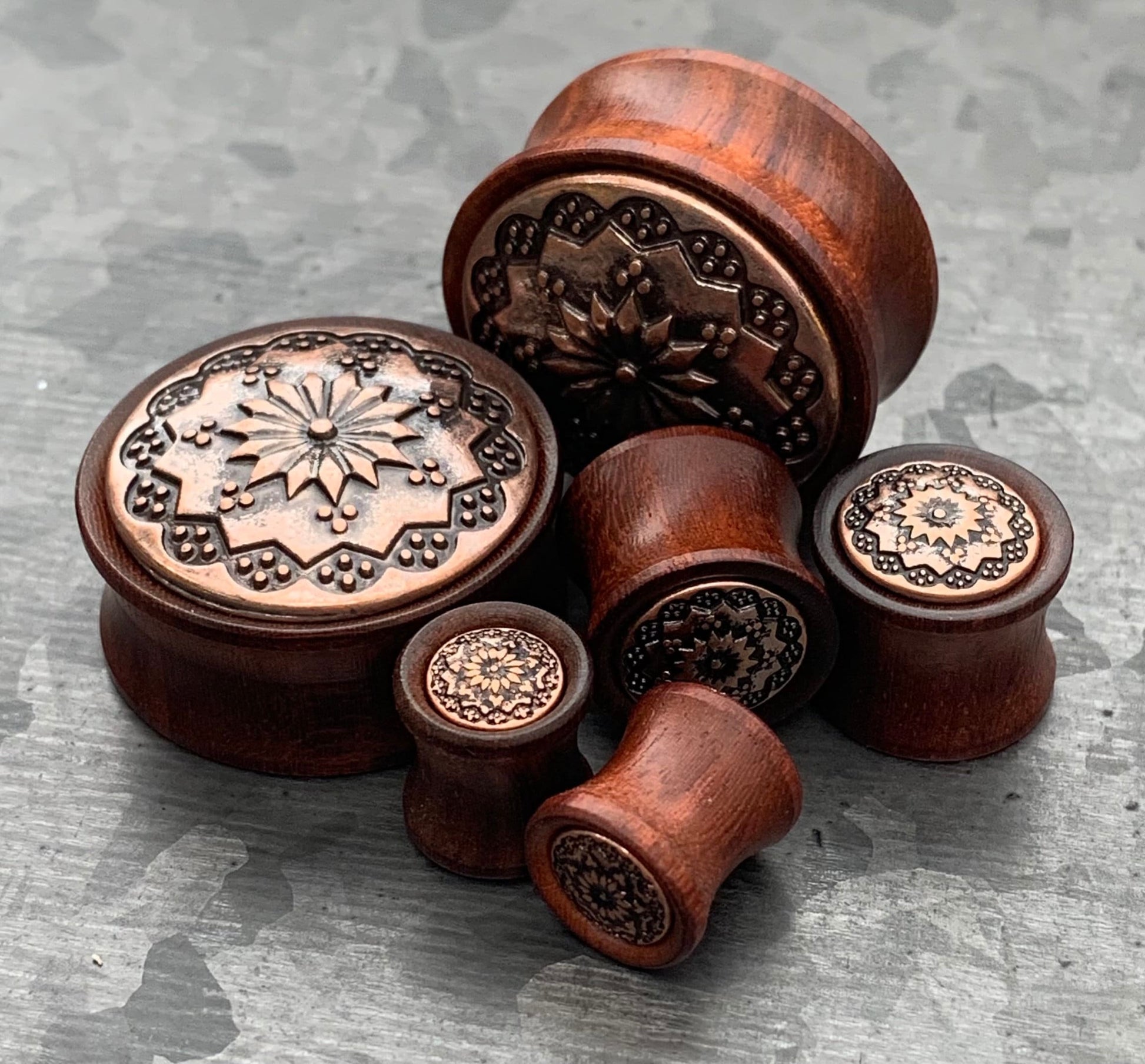 PAIR of Beautiful Organic Rose Wood with Floral Tribal Pattern Saddle Plugs - only 14mm left!