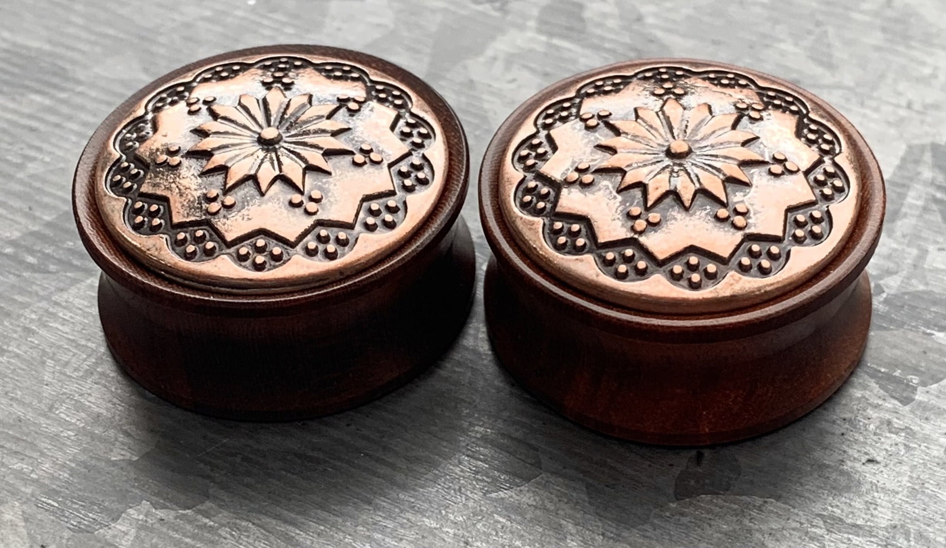 PAIR of Beautiful Organic Rose Wood with Floral Tribal Pattern Saddle Plugs - only 14mm left!