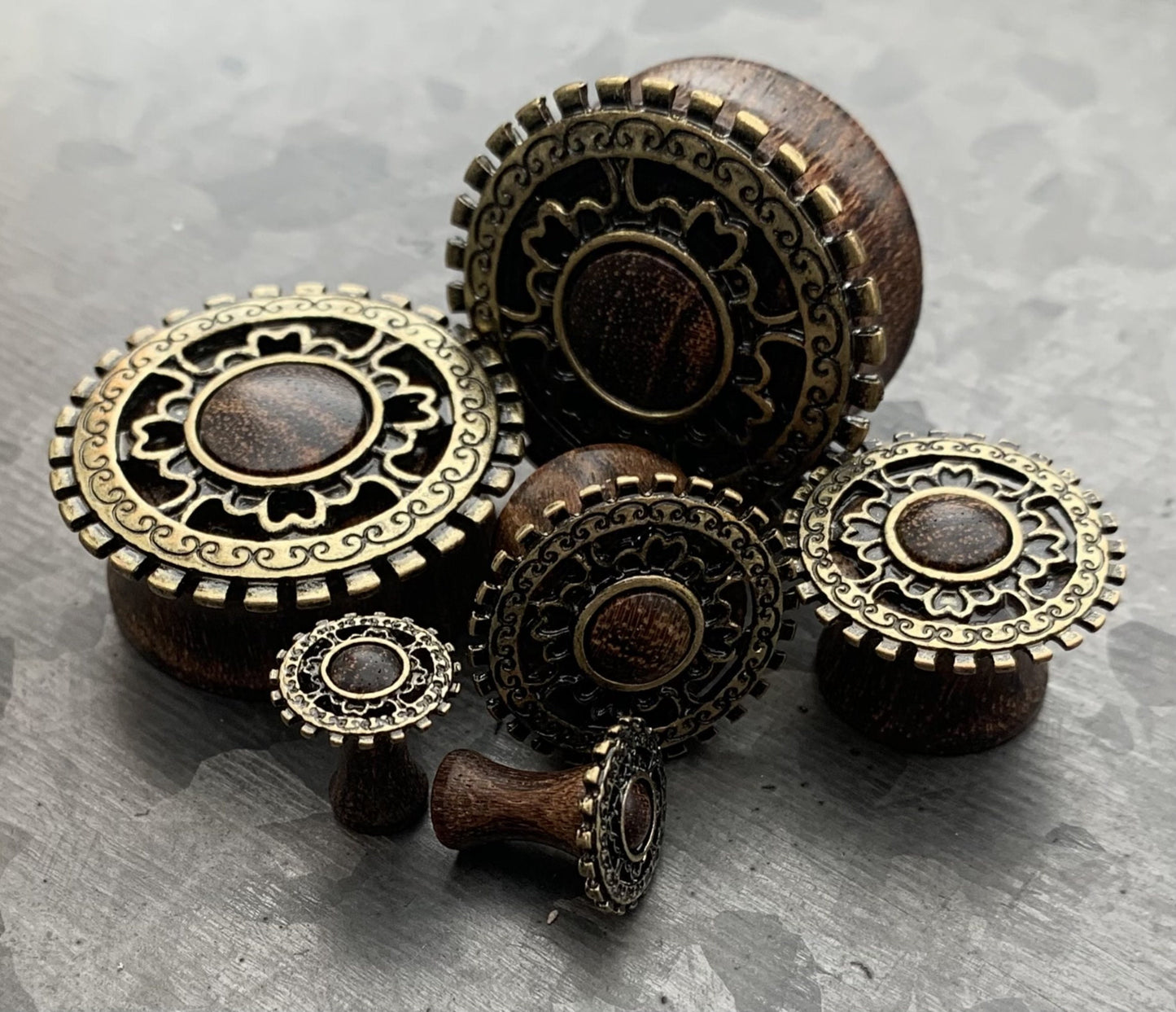 PAIR of Beautiful Antique Gold Plated Tribal Shield Top Organic Sono Wood Saddle Plugs - ONLY 14MM (9/16") LEFT!