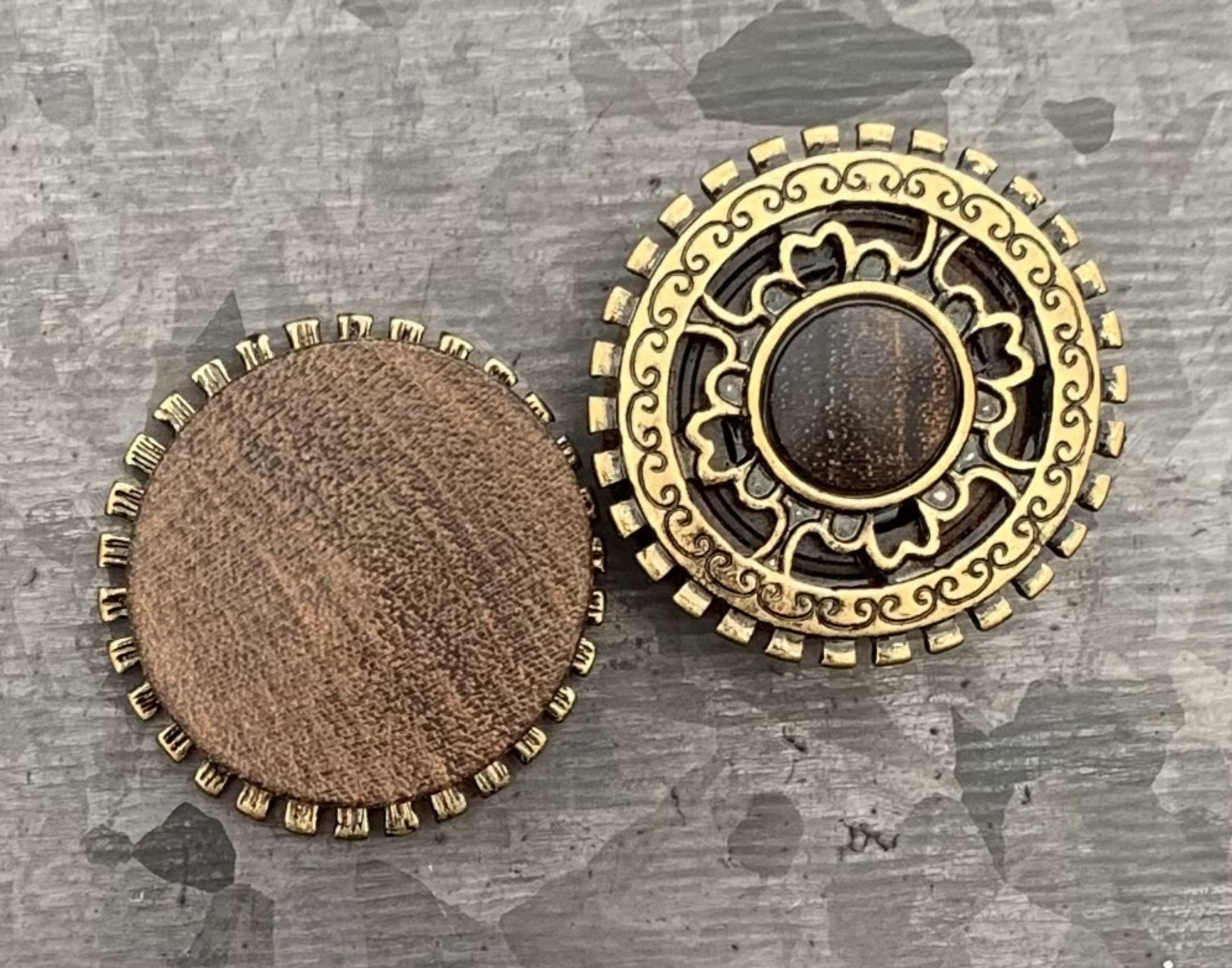 PAIR of Beautiful Antique Gold Plated Tribal Shield Top Organic Sono Wood Saddle Plugs - ONLY 14MM (9/16") LEFT!