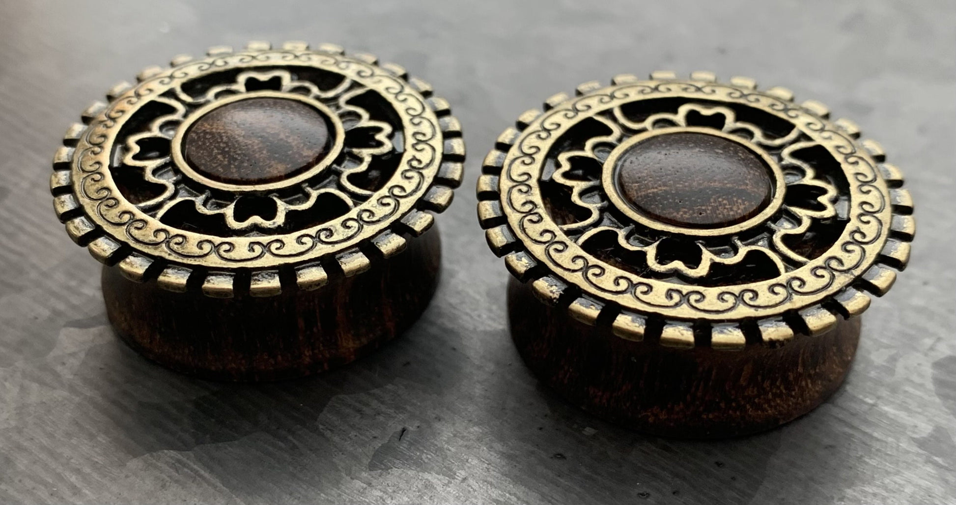 PAIR of Beautiful Antique Gold Plated Tribal Shield Top Organic Sono Wood Saddle Plugs - ONLY 14MM (9/16") LEFT!