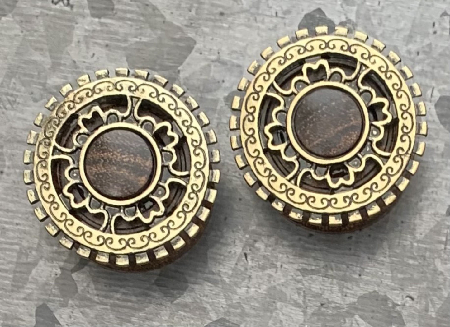 PAIR of Beautiful Antique Gold Plated Tribal Shield Top Organic Sono Wood Saddle Plugs - ONLY 14MM (9/16") LEFT!