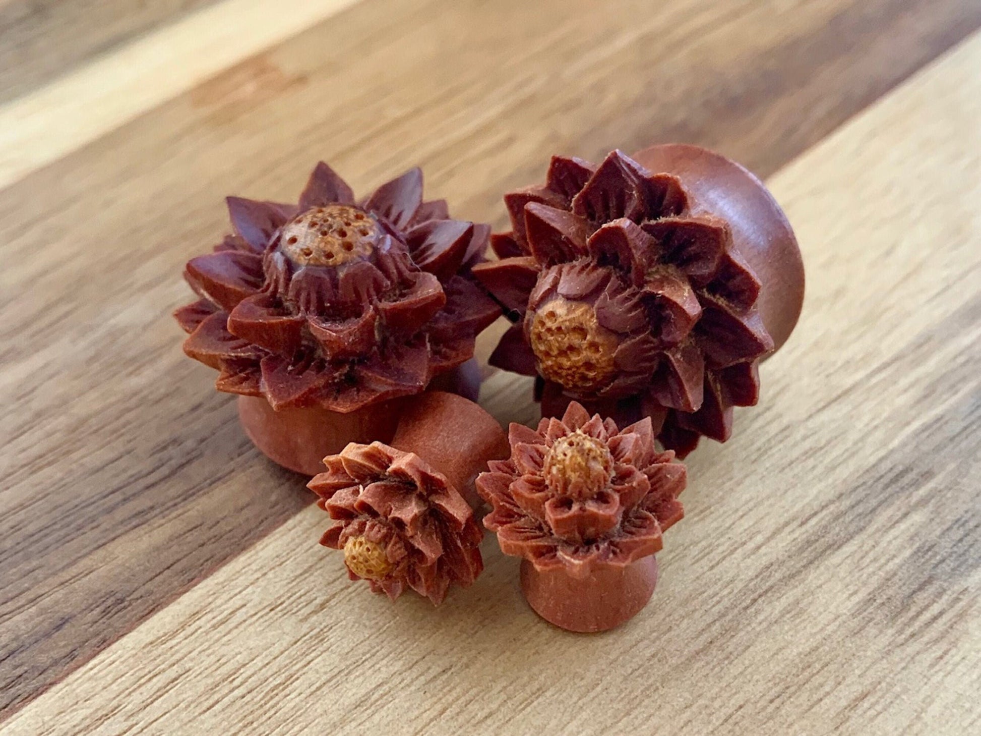 PAIR of Beautiful Lotus Flower Organic Sawo Wood Plugs - Gauges 0g (8mm) thru 1" (25mm) available!