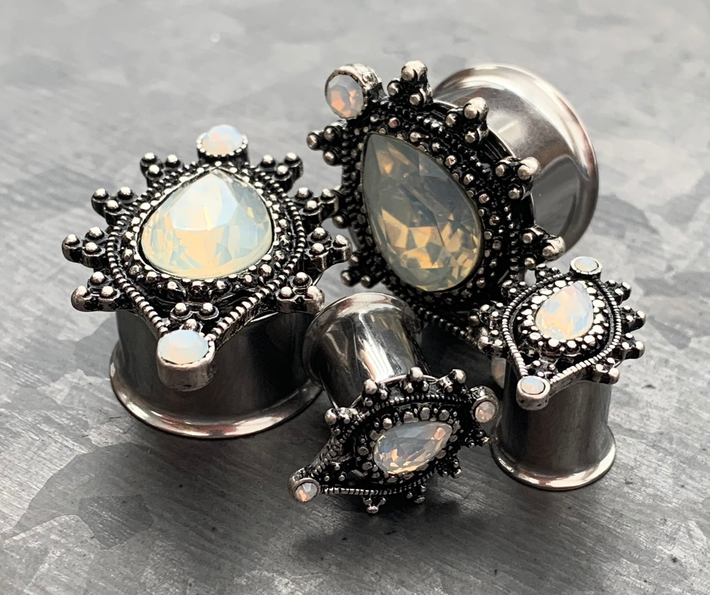 PAIR of Unique Vintage Antique Silver Top Faceted Opalite Teardrop Double Flare Tunnels/Plugs - Gauges 2g (6mm) thru 5/8" (16mm) available!