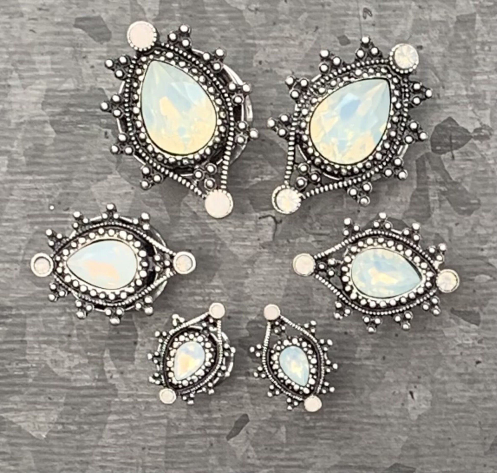 PAIR of Unique Vintage Antique Silver Top Faceted Opalite Teardrop Double Flare Tunnels/Plugs - Gauges 2g (6mm) thru 5/8" (16mm) available!