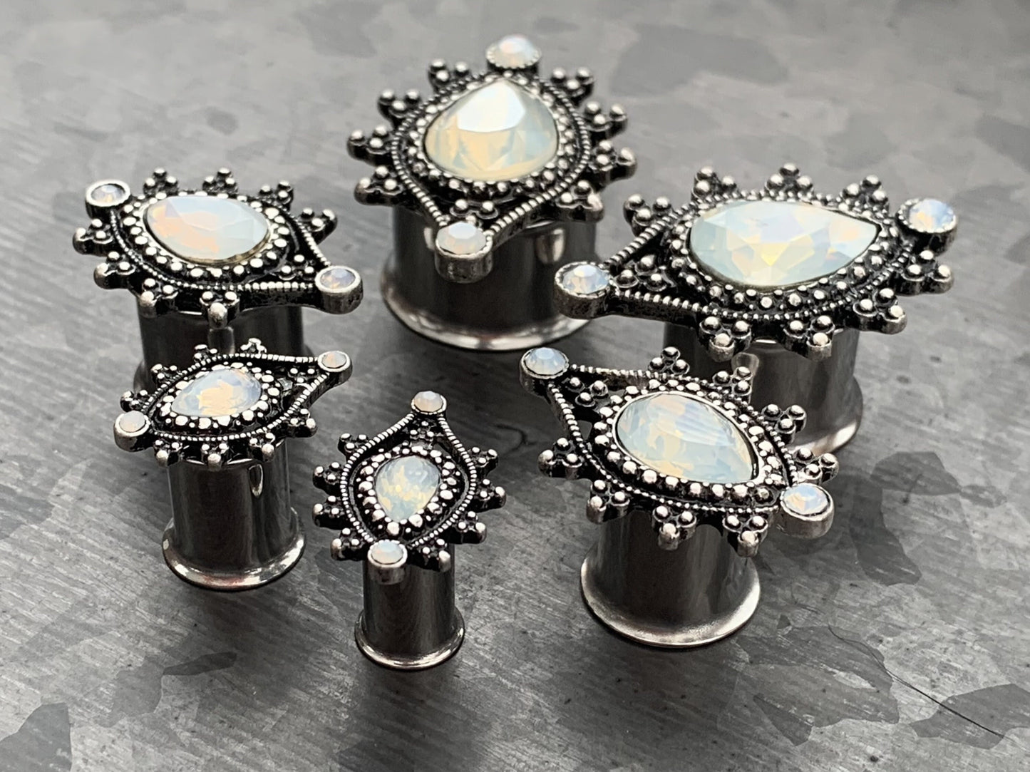 PAIR of Unique Vintage Antique Silver Top Faceted Opalite Teardrop Double Flare Tunnels/Plugs - Gauges 2g (6mm) thru 5/8" (16mm) available!