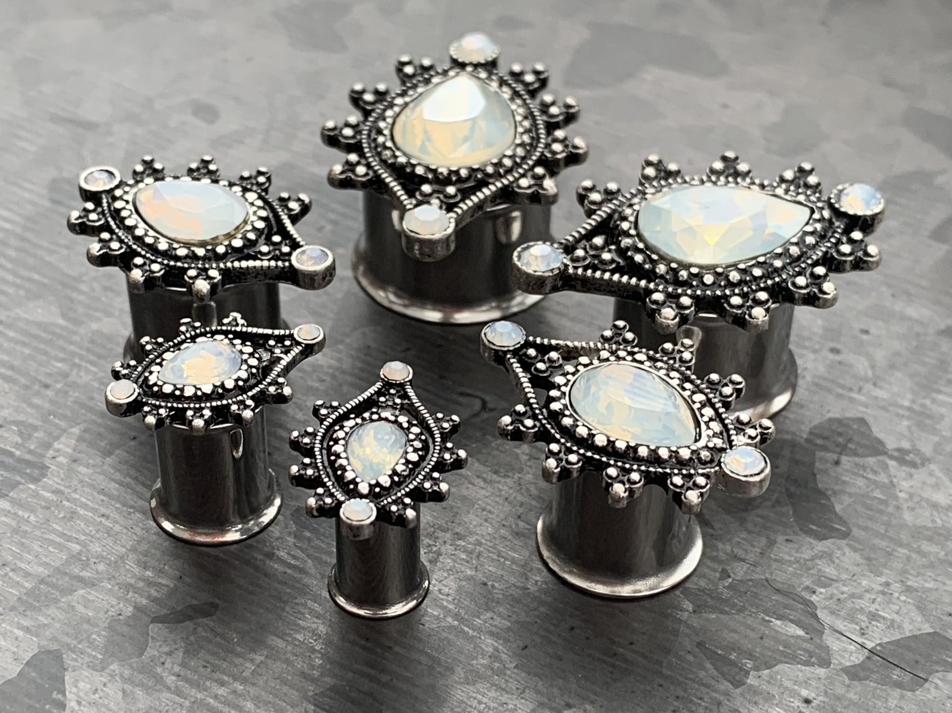PAIR of Unique Vintage Antique Silver Top Faceted Opalite Teardrop Double Flare Tunnels/Plugs - Gauges 2g (6mm) thru 5/8" (16mm) available!
