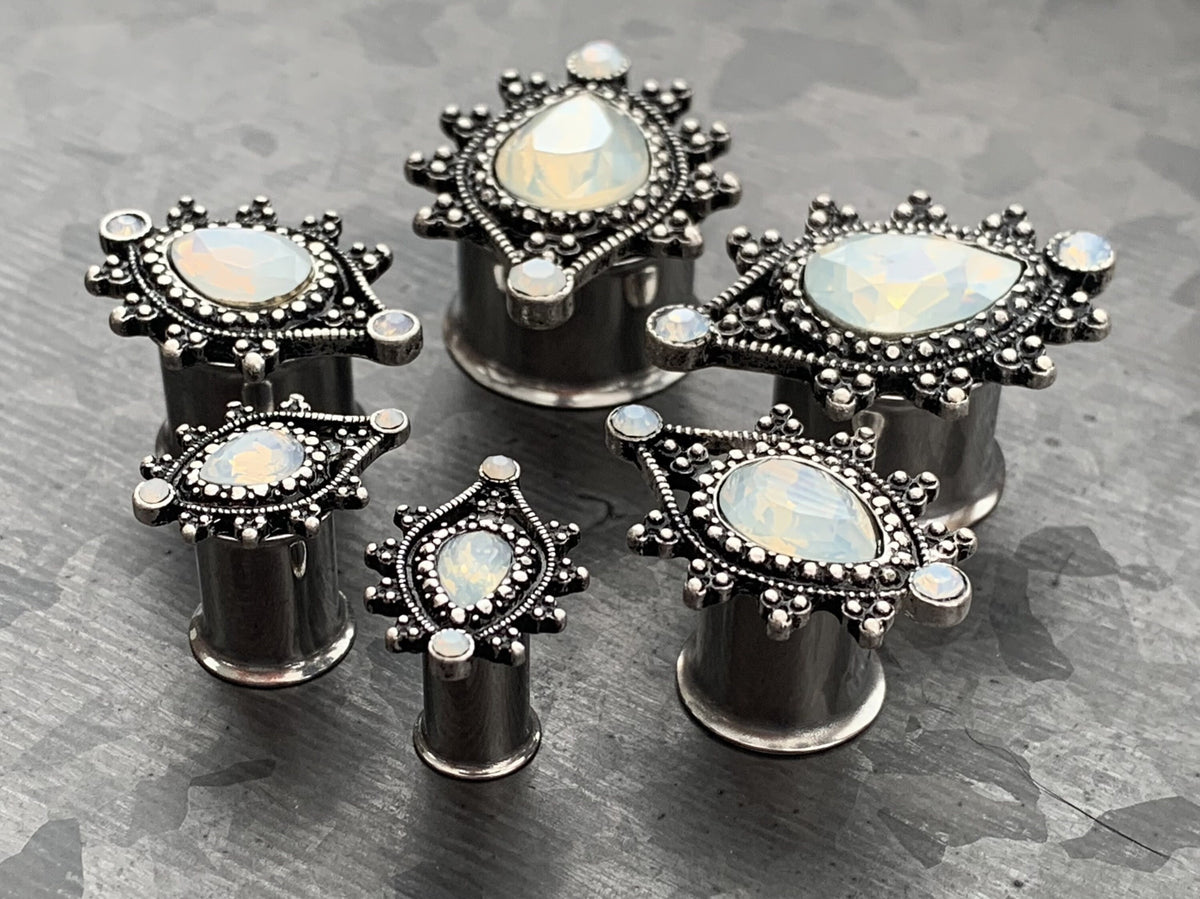 PAIR of Unique Vintage Antique Silver Top Faceted Opalite Teardrop Double Flare Tunnels/Plugs - Gauges 2g (6mm) thru 5/8" (16mm) available!