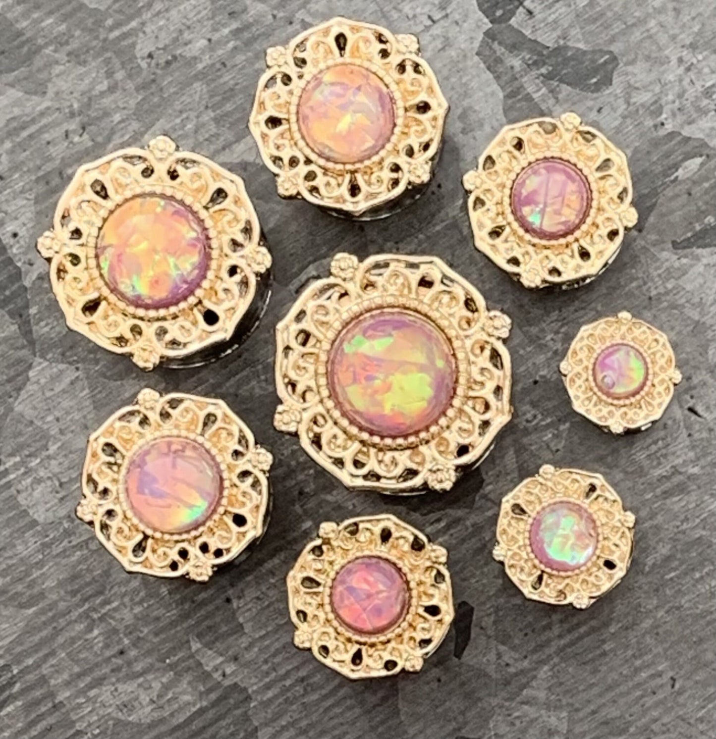 PAIR of Stunning Gold Tribal Plated Surgical Steel Plugs with a Center Pink Synthetic Opal - Gauges 2g (6mm) thru 5/8" (16mm) available!