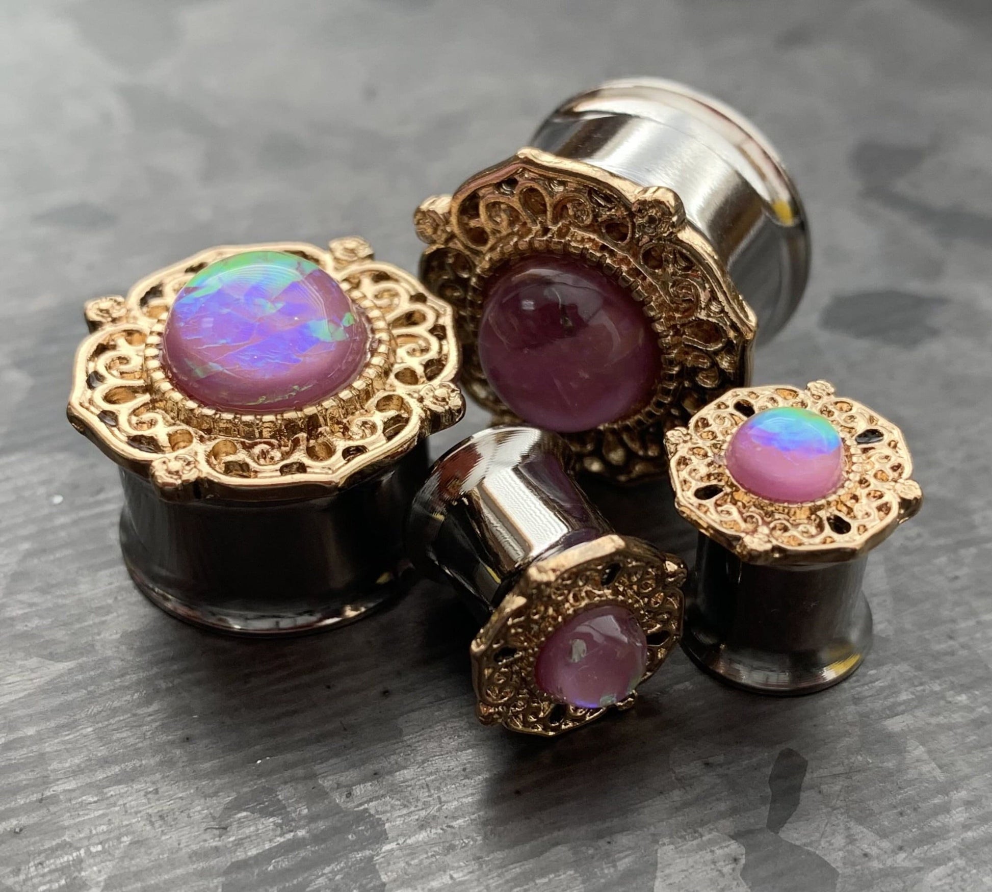 PAIR of Stunning Gold Tribal Plated Surgical Steel Plugs with a Center Pink Synthetic Opal - Gauges 2g (6mm) thru 5/8" (16mm) available!