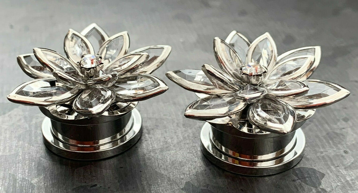 PAIR of Brilliant Crystal Petals Flower Steel Screw Fit Tunnels