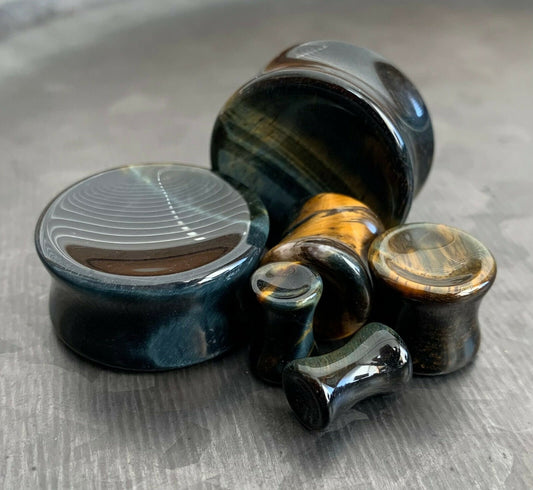 PAIR of Stunning Concave Blue Tiger Eye Organic Stone Plugs - Gauges 6g (4mm) up to 1" (25mm) available!