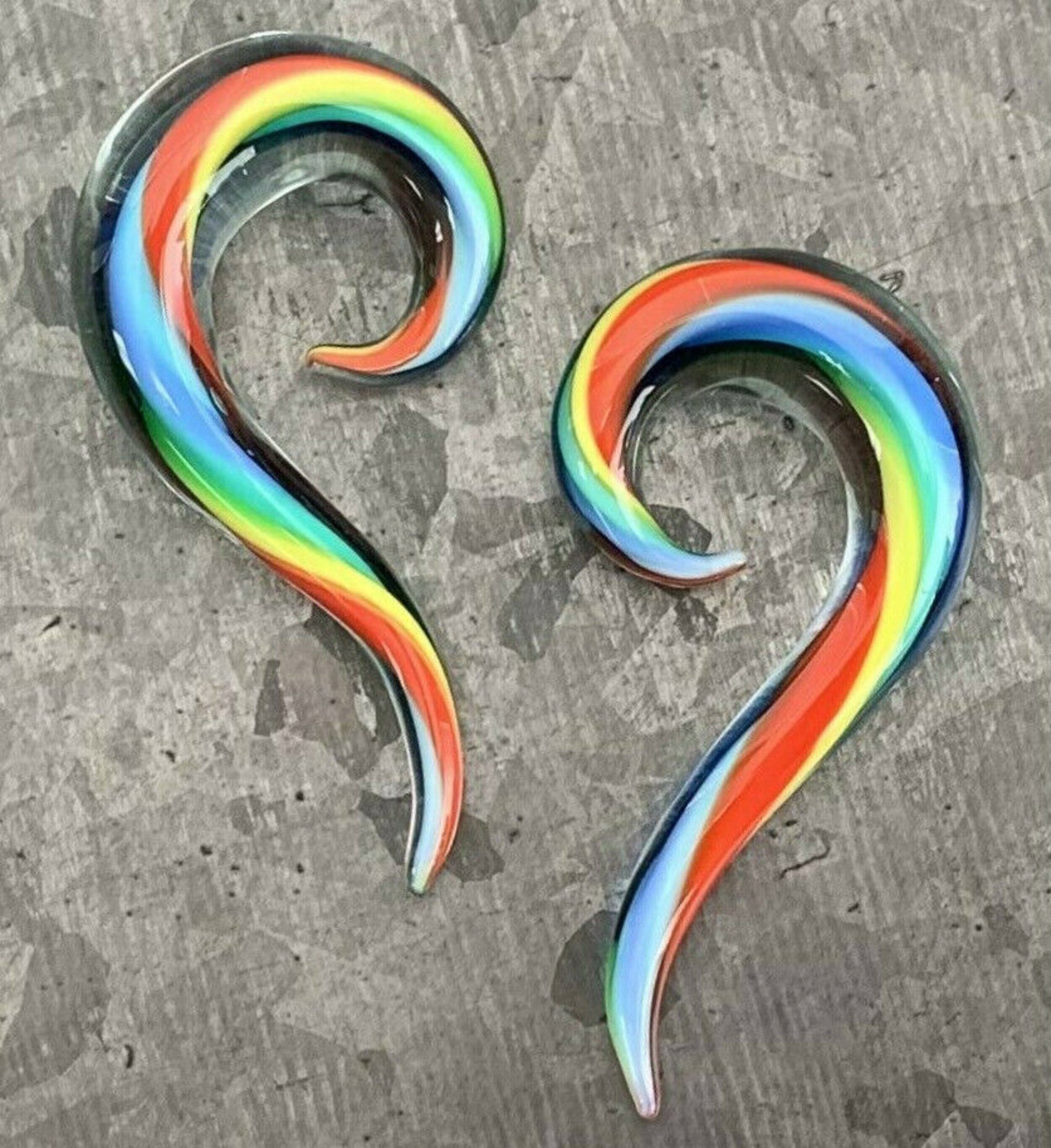 PAIR of Unique Rainbow Glass Spiral Taper Plugs - Expanders Gauges - 6g (4mm) thru 00g (10mm) available!