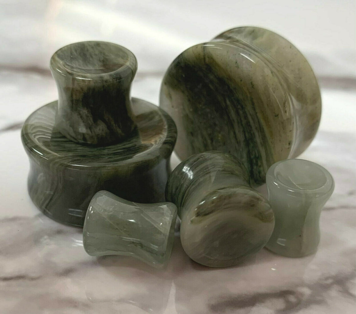 PAIR of Unique Organic Concave Green Jasper Double Flare Stone Plugs - Gauges 2g (6mm) up to 1" (25mm) available!