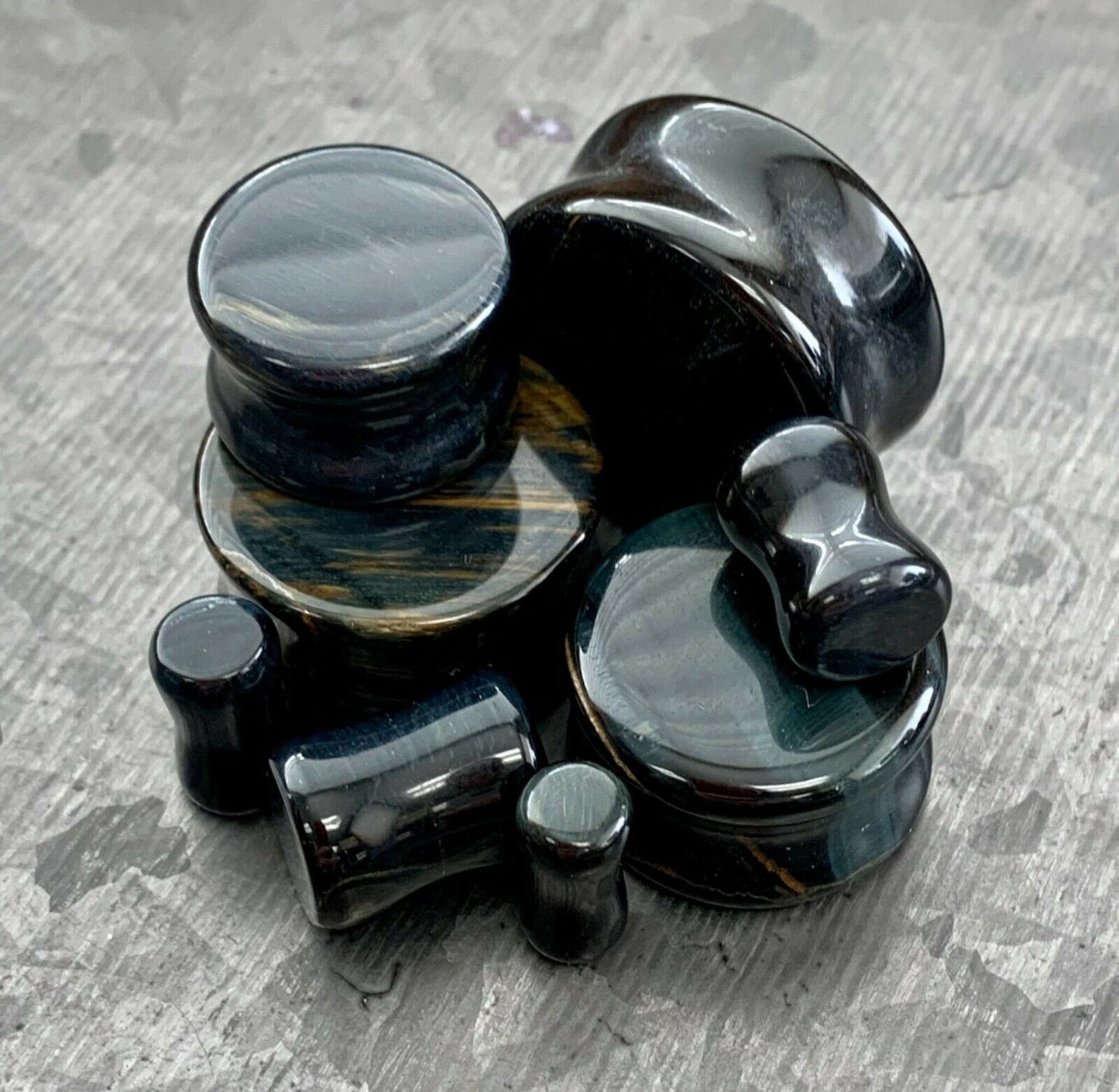 PAIR of Beautiful Blue Tiger Eye Organic Stone Plugs - Gauges 6g (4mm) up to 1" (25mm) available!