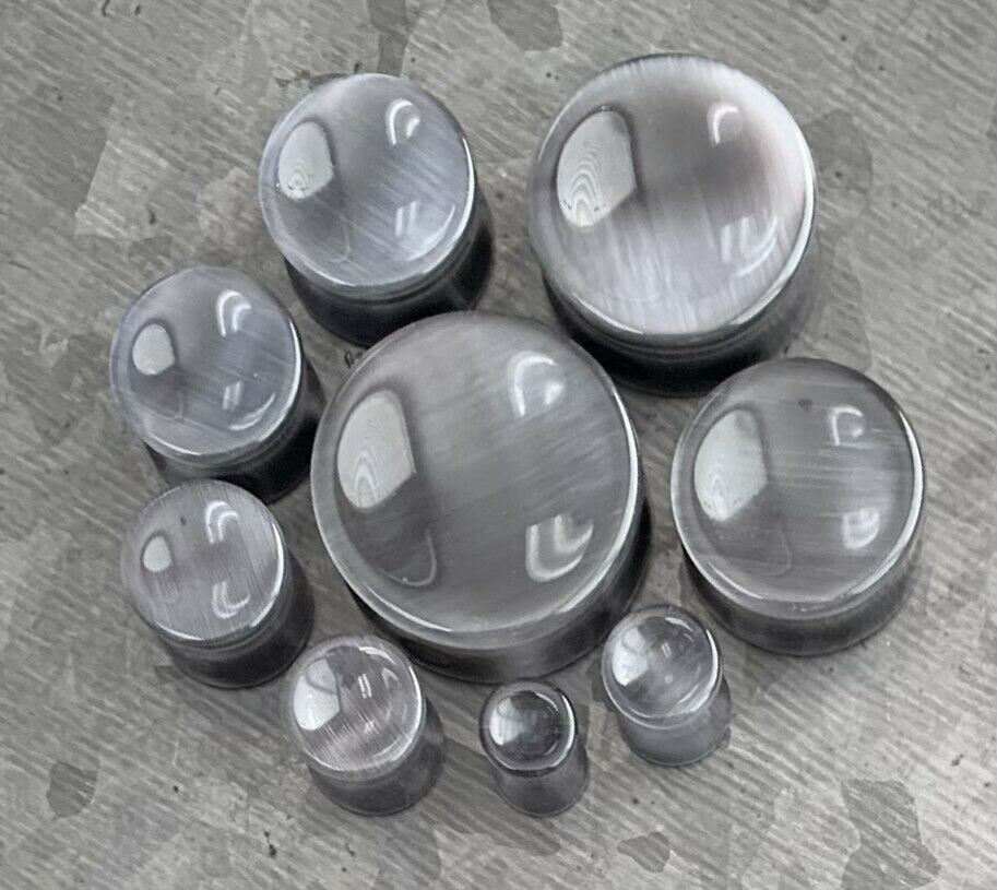 PAIR of Stunning Concave Grey Cat Eye Double Flare Stone Plugs - Gauges Gauges 2g (6mm) up to 1" (25mm) available!