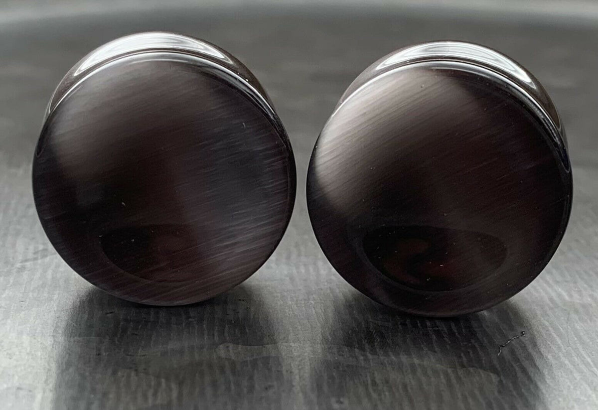 PAIR of Stunning Concave Grey Cat Eye Double Flare Stone Plugs - Gauges Gauges 2g (6mm) up to 1" (25mm) available!