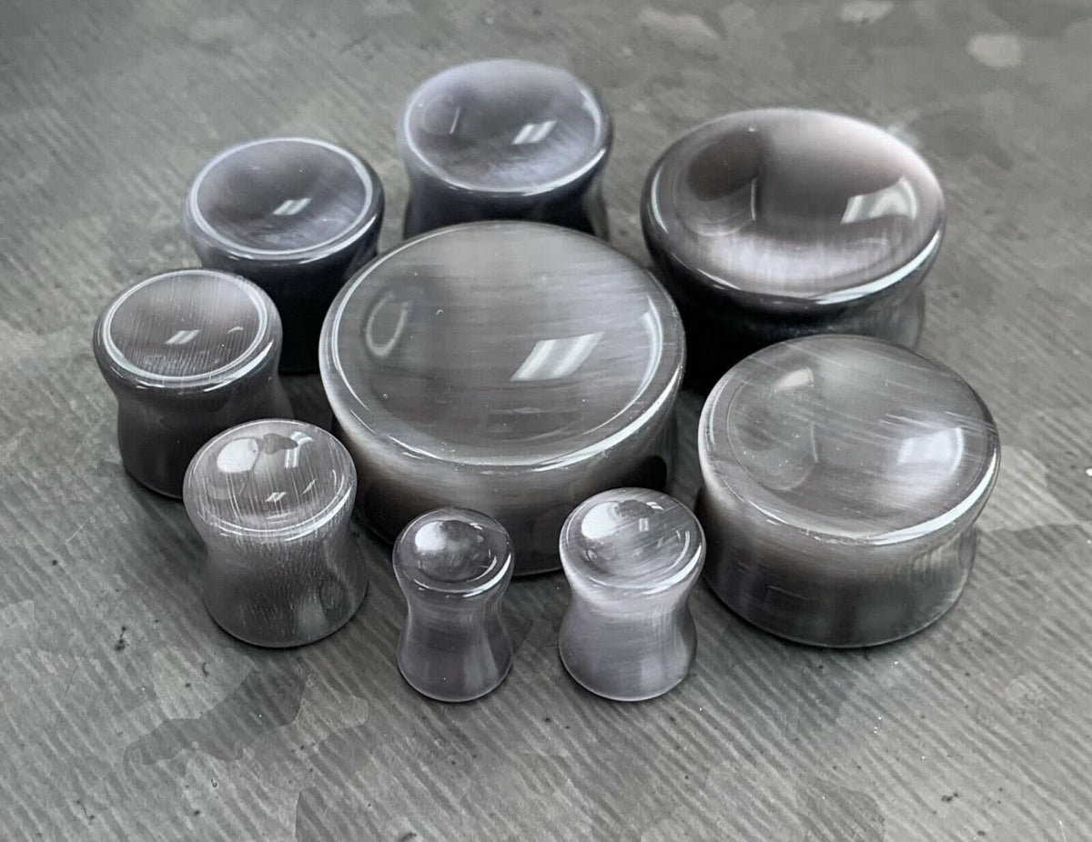 PAIR of Stunning Concave Grey Cat Eye Double Flare Stone Plugs - Gauges Gauges 2g (6mm) up to 1" (25mm) available!