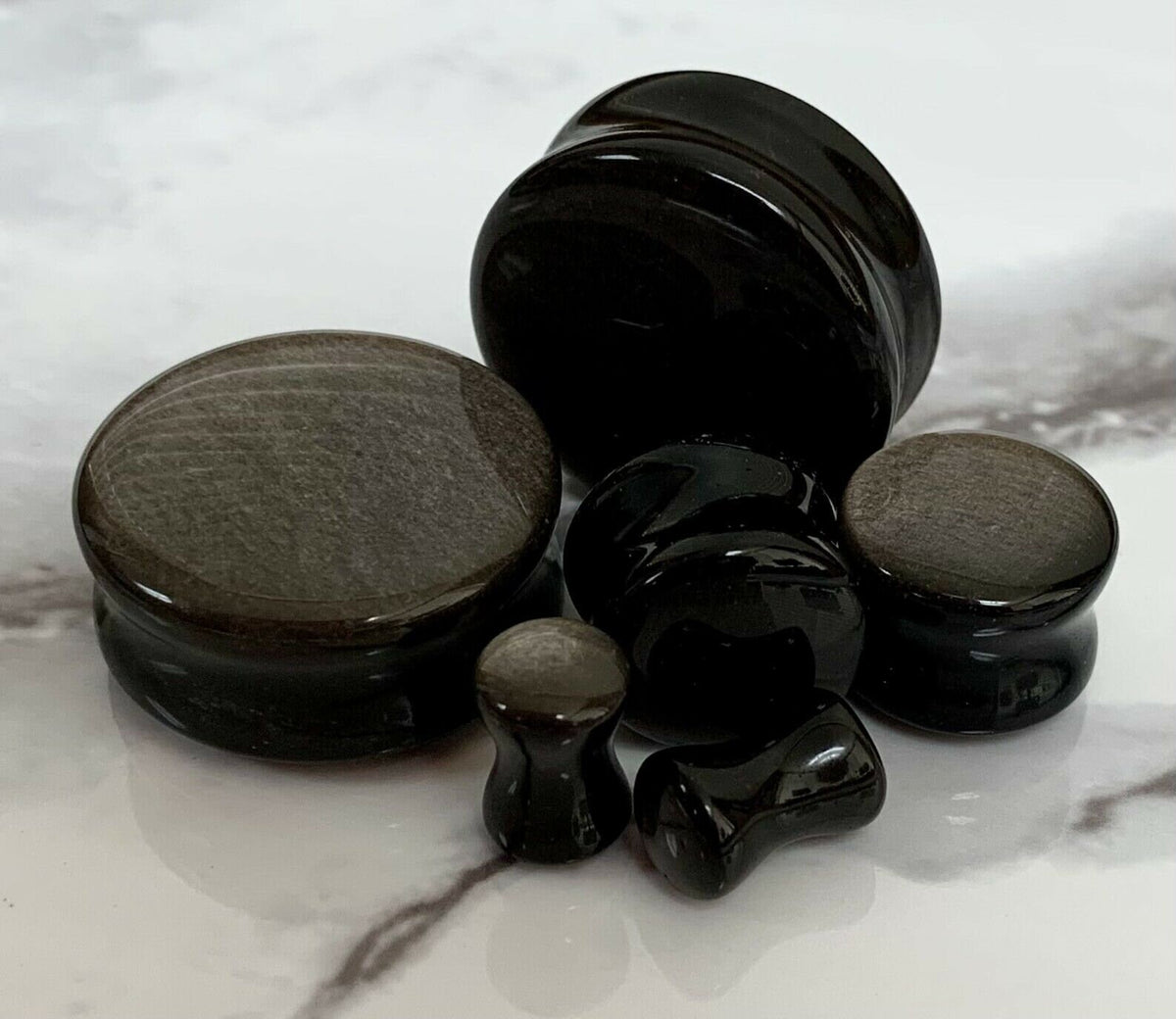 PAIR of Stunning Silver Obsidian Organic Double Flare Stone Plugs - Gauges 4g (5mm) up thru 1" (25mm) available!