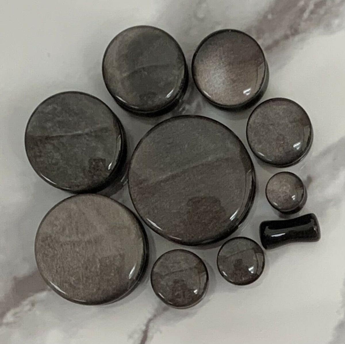 PAIR of Stunning Silver Obsidian Organic Double Flare Stone Plugs - Gauges 4g (5mm) up thru 1" (25mm) available!
