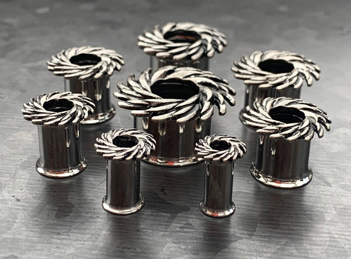 PAIR of Beautiful Tribal Swirl Steel Double Flare Tunnels - Gauges 4g (5mm) thru 5/8" (16mm) Available!