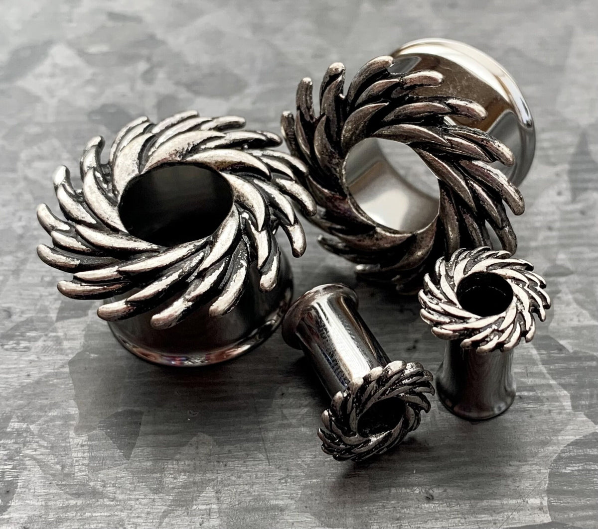 PAIR of Beautiful Tribal Swirl Steel Double Flare Tunnels - Gauges 4g (5mm) thru 5/8" (16mm) Available!