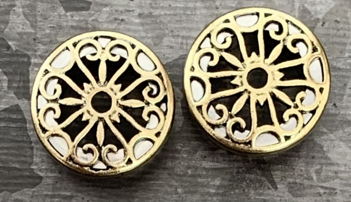 PAIR of Unique Burnished Gold Plate Tribal Hearts Top Steel Screw Fit Tunnels - Gauges 2g (6mm) thru 5/8" (16mm) Available!
