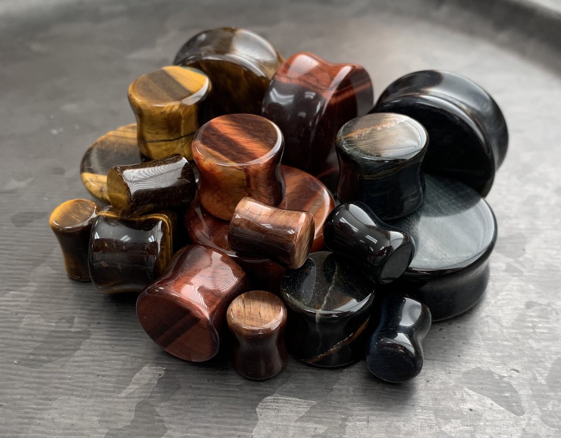 ALL 3 PAIR of Stunning Yellow, Blue & Red Tiger Eye Organic Stone Plugs - Double Flare - Gauges 6g thru 1"