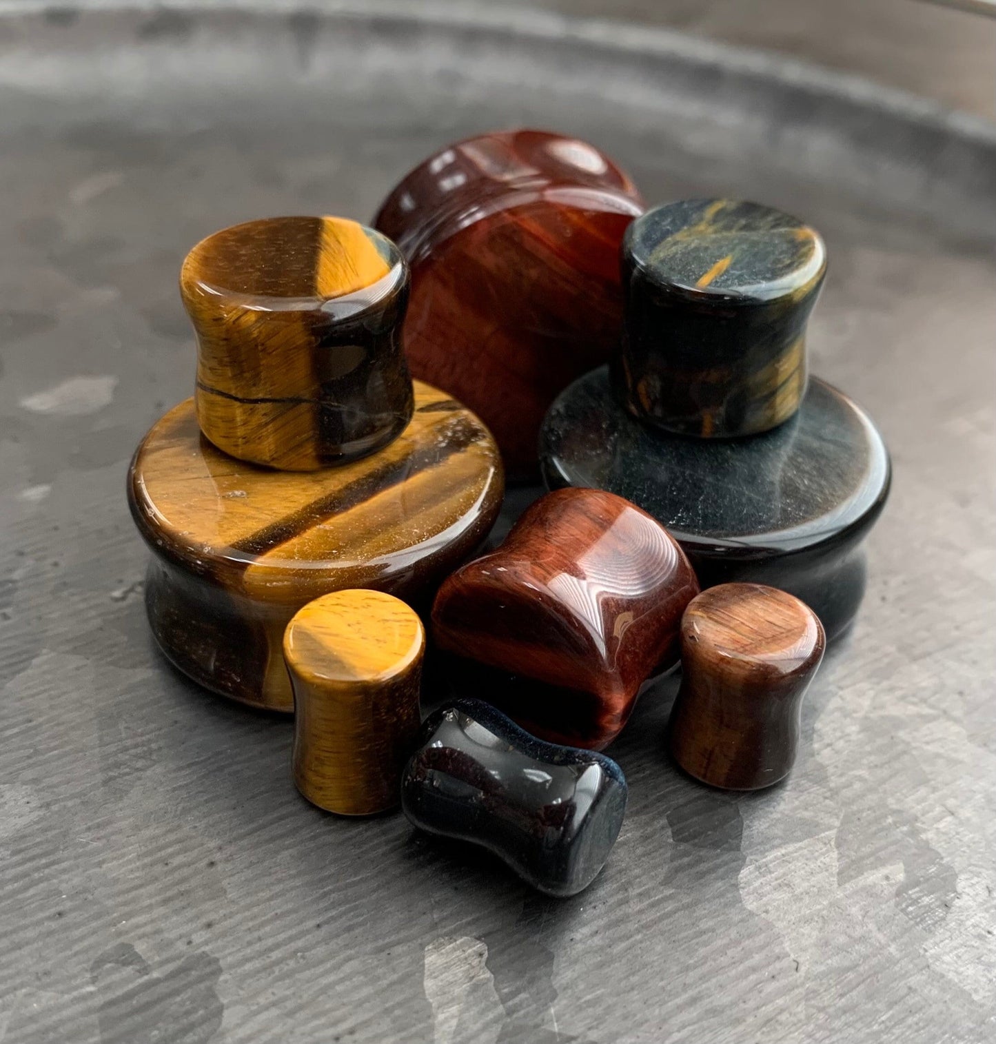 ALL 3 PAIR of Stunning Yellow, Blue & Red Tiger Eye Organic Stone Plugs - Double Flare - Gauges 6g thru 1"