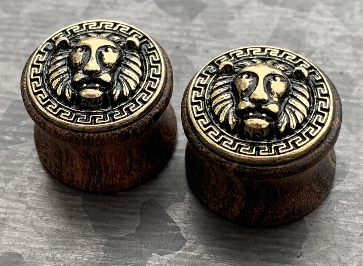 PAIR Stunning Antique Gold Lion with Maze Pattern Rim Sono Wood Saddle Plugs - Gauges 0g (8mm) thru 5/8" (16mm) Available!