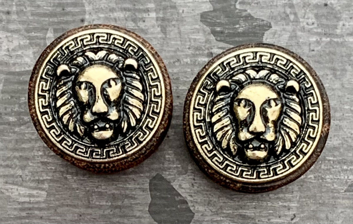 PAIR Stunning Antique Gold Lion with Maze Pattern Rim Sono Wood Saddle Plugs - Gauges 0g (8mm) thru 5/8" (16mm) Available!