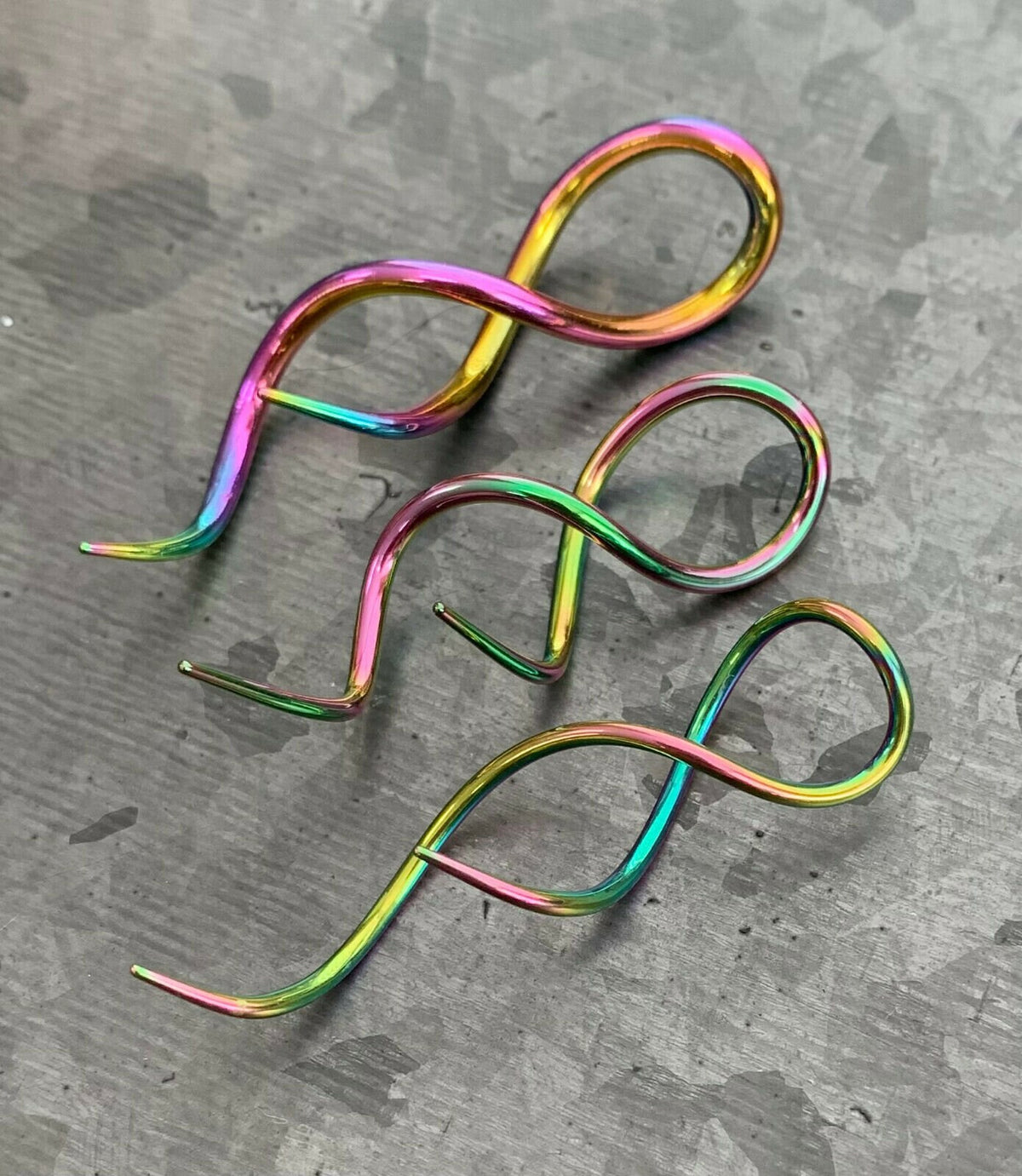 PAIR of Stunning Rainbow Steel Twist Tail Hanging Tapers Expanders / Plugs - Gauges 14g (1.6mm) thru 10g (2.4mm) available!