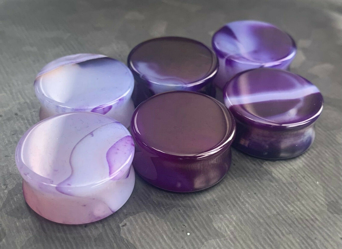 PAIR of Unique Purple Striped Agate Double Flare Organic Stone Plugs - Gauges 4g (5mm) thru 1" (25mm) available!