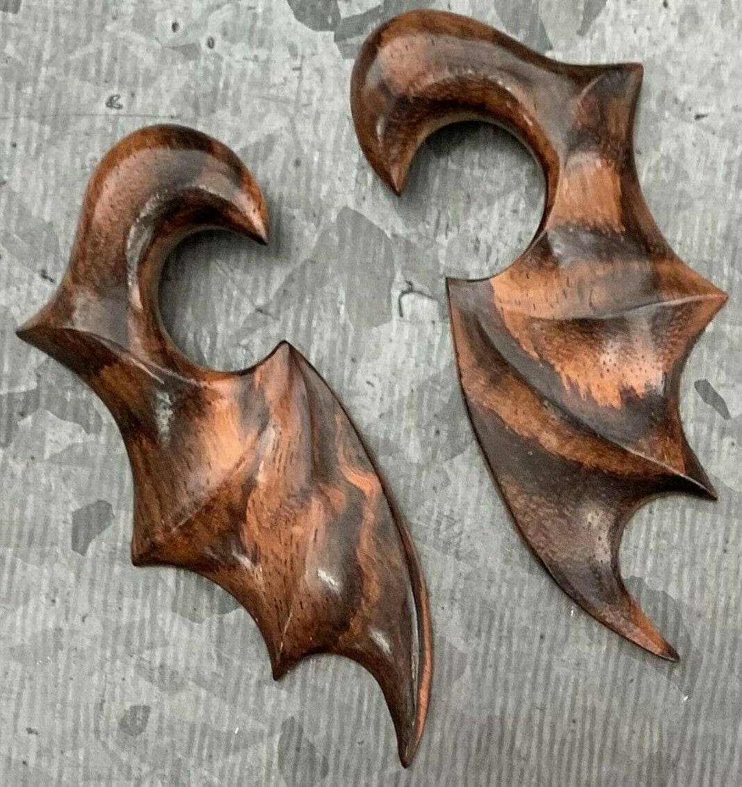 PAIR of Unique Hand Carved Organic Sono Wood Bat Wing Tapers/Plugs - Expanders - Gauges 6g (4mm) thru 00g (10mm) available!